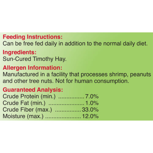 Tropical Carnival Natural Timothy Hay Feeding Instructions, Ingredients, Allergen Information and Guaranteed Analysis